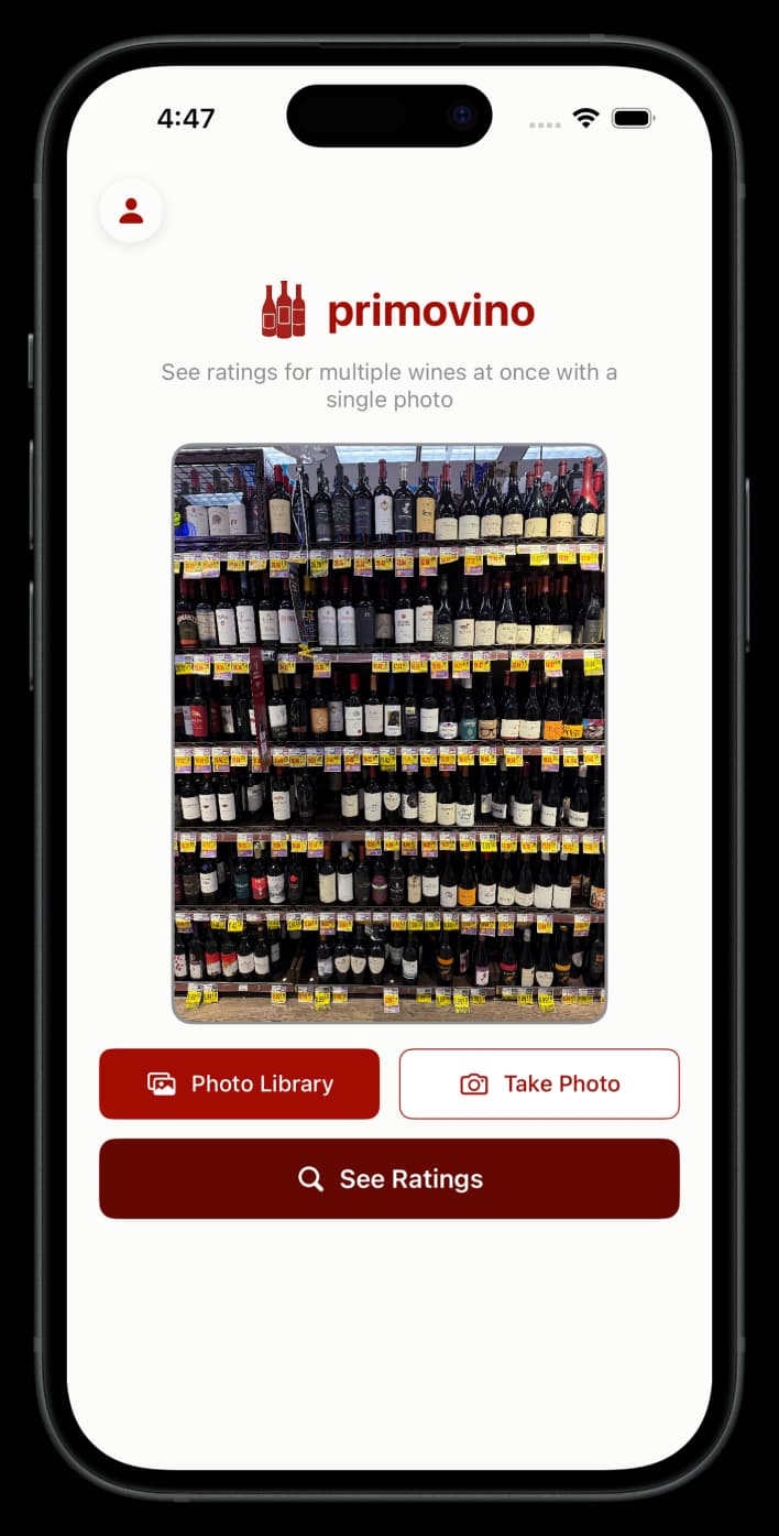 Primovino wine scanner app showing multiple wine bottles detected on store shelf